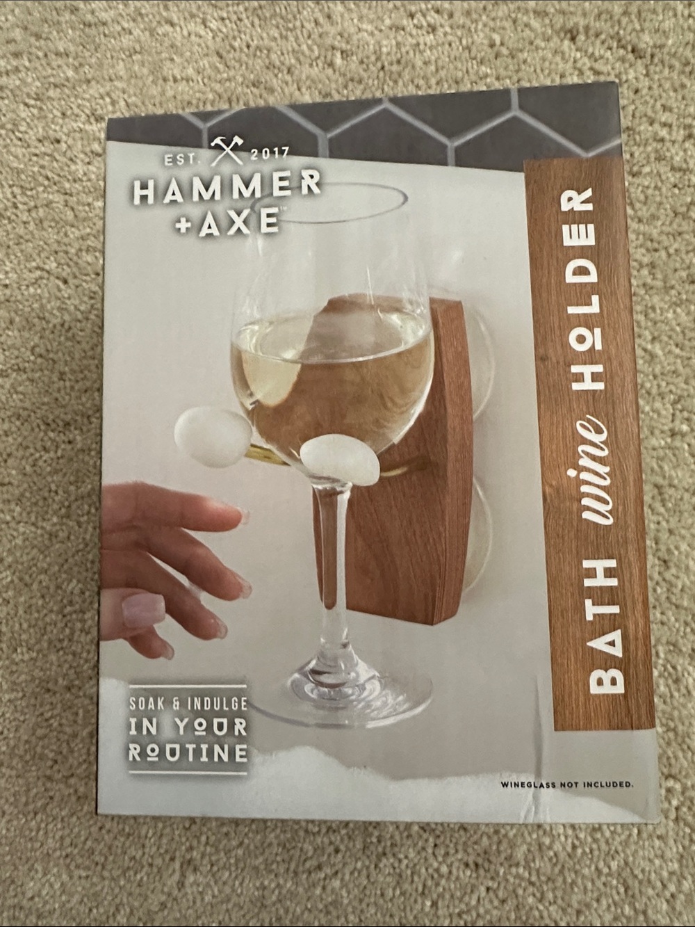 Hammer + Axe Brown Bath Wine Holder with White Suction Accents